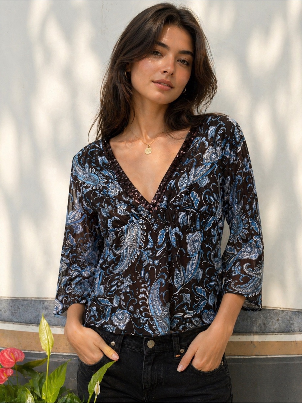 Women's Paisley V-Neck Top in Blue